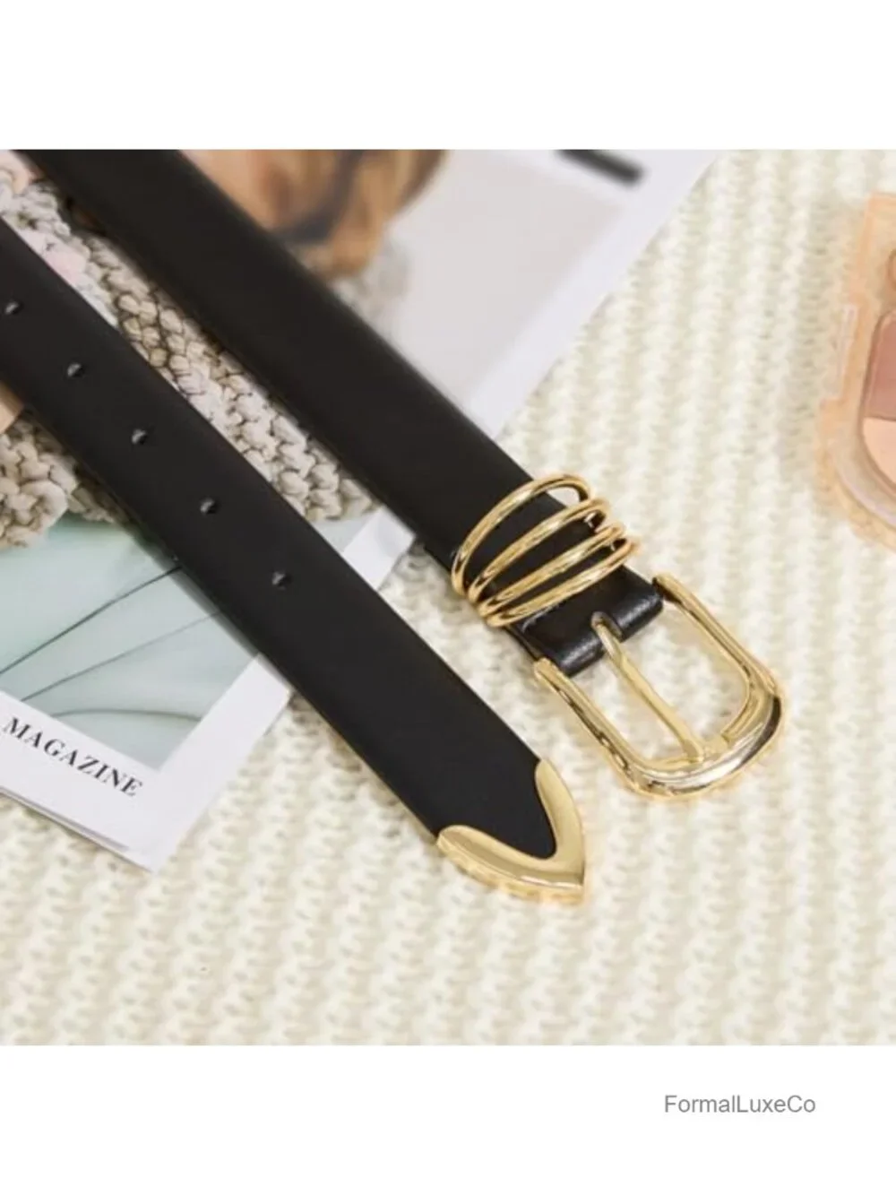 Faux Leather Belt with Gold Buckle Trendy Skinny Waist Belt